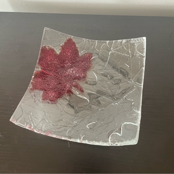Other - LAST CHANCE Decorative Glass Candy Dish Candle Holder Clear Red Leaf Home Decor